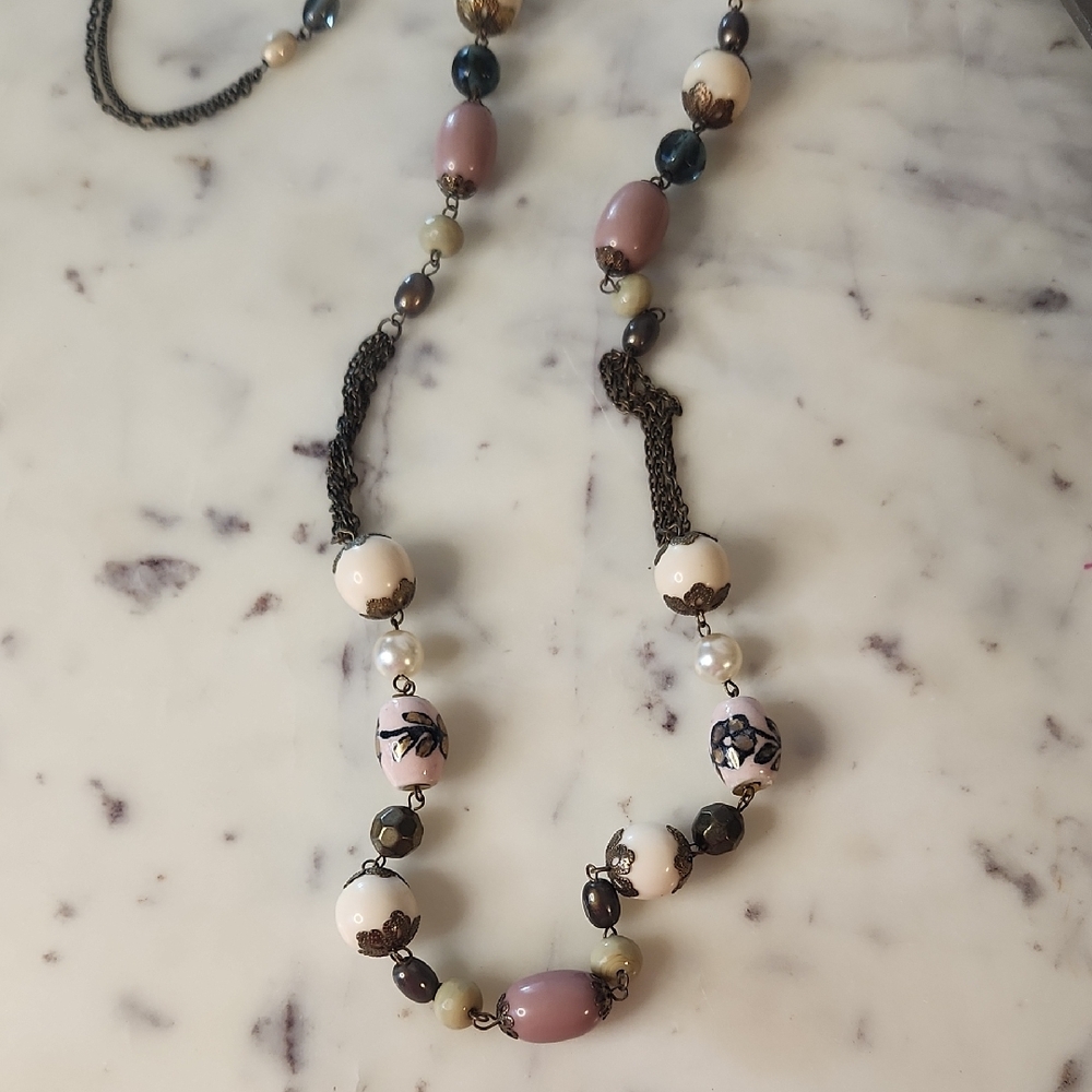 V i n t a g e .. | Pink & Blue Glass | Metal Beaded Necklace | Gift Bag | 44"